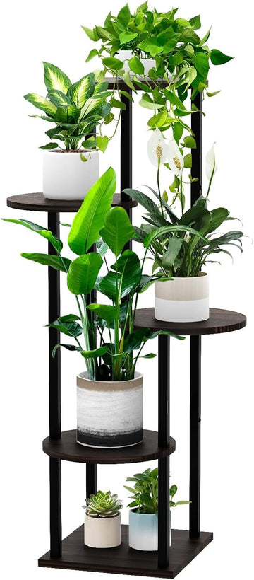 5-Tier Indoor Plant Stand – Black & Oak Metal Shelf