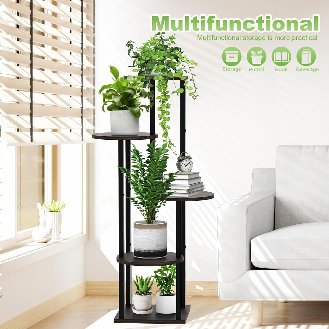 5-Tier Indoor Plant Stand – Black & Oak Metal Shelf